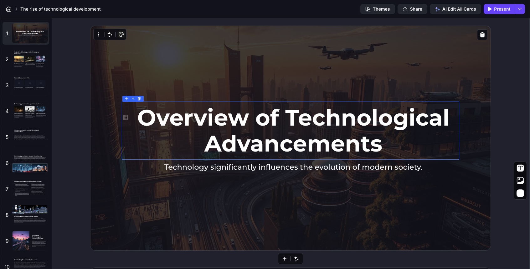 Slidez editor workspace with slide thumbnails, canvas controls, and AI editing actions