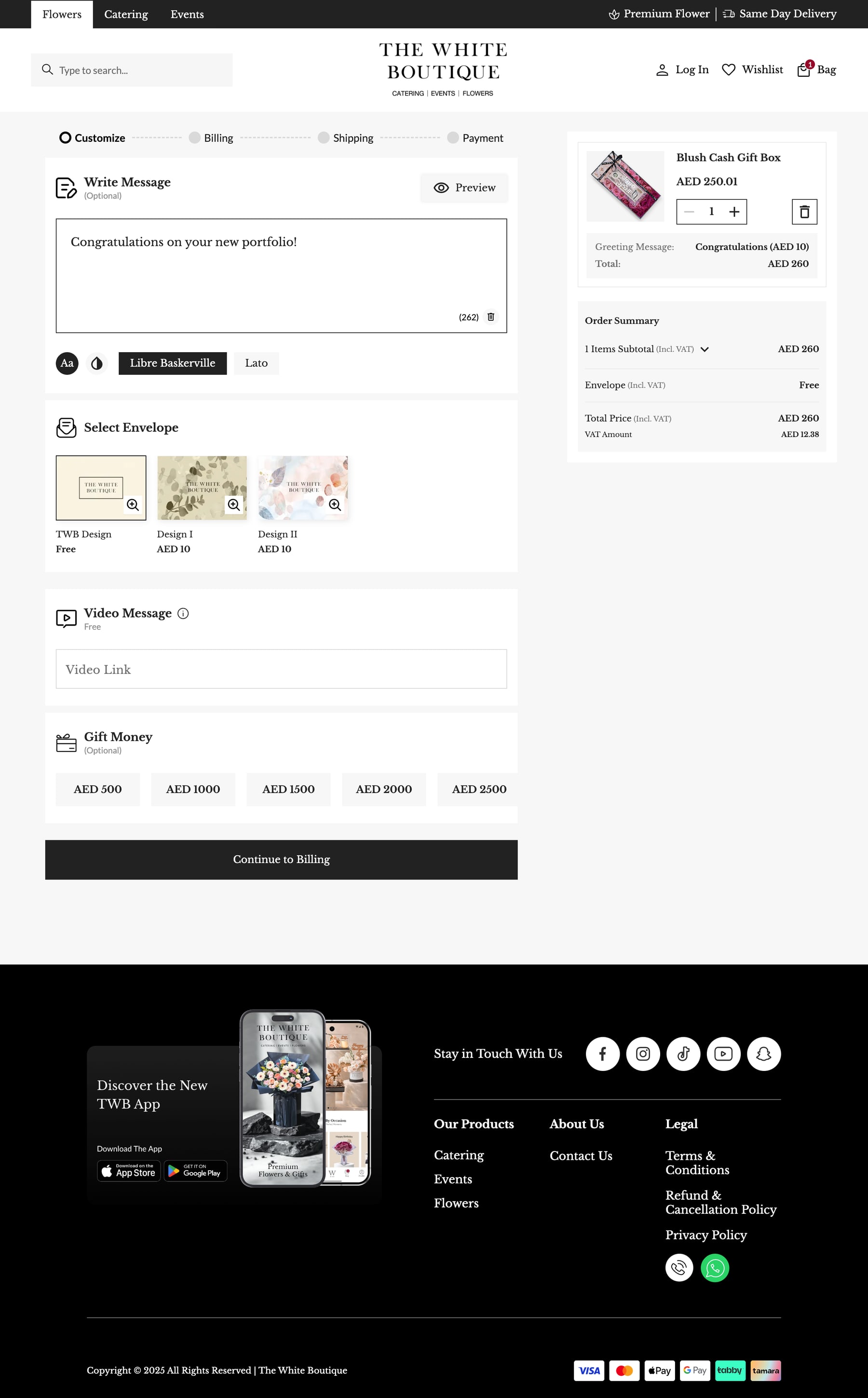 The White Boutique checkout customization page with gift message, envelope selection, order summary, and checkout progression