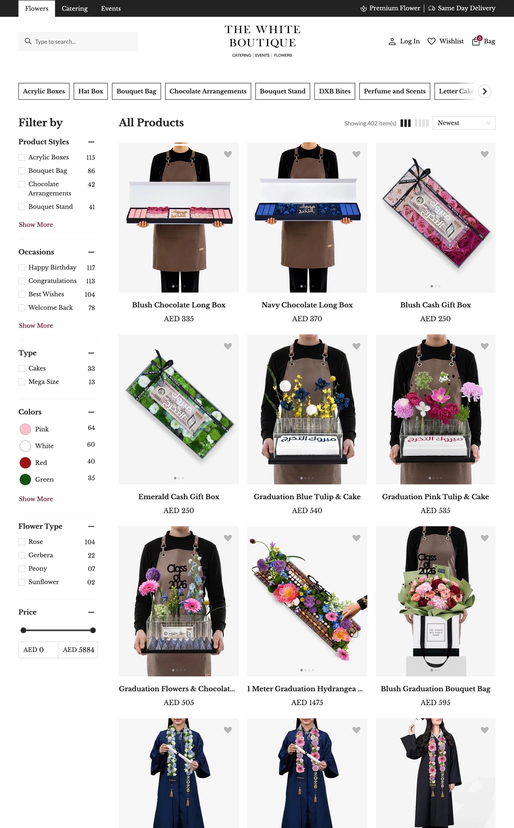 The White Boutique flowers product listing page filtered for Eid Mubarak occasions
