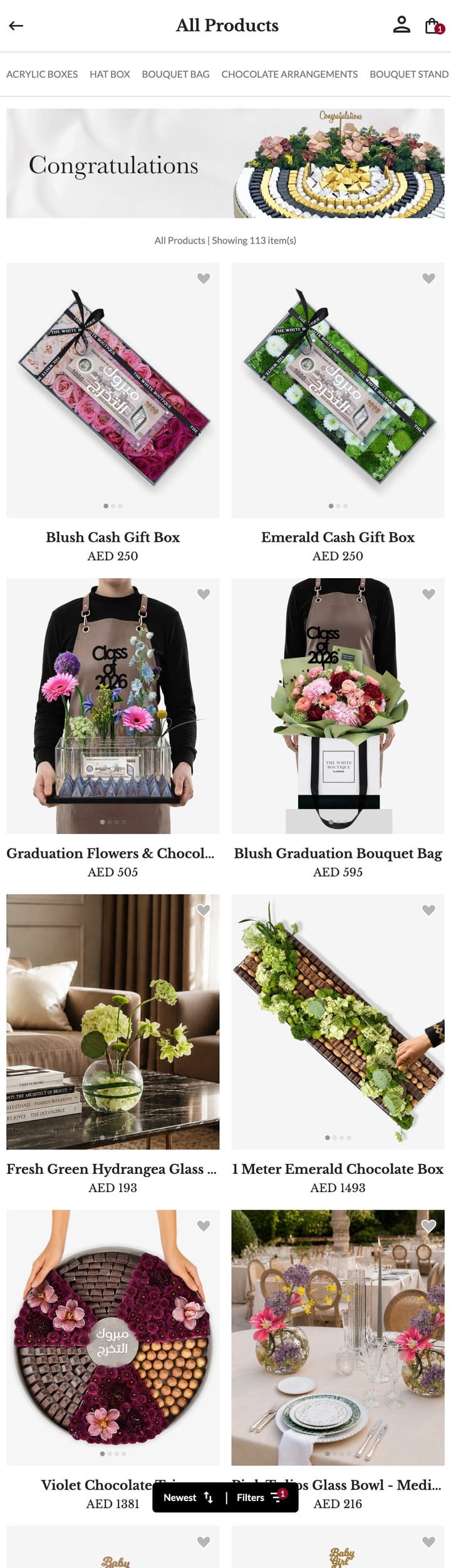The White Boutique mobile product listing page with products, filters, and sorting controls