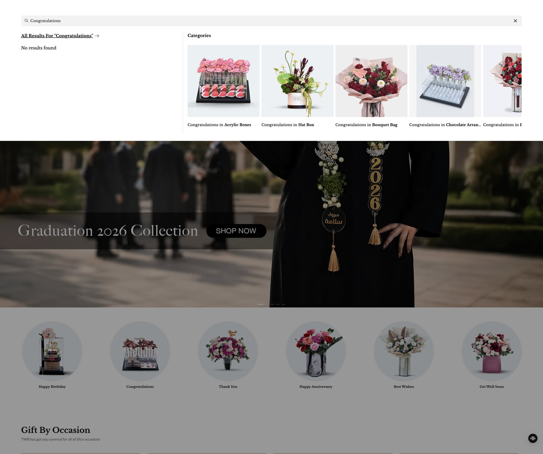 The White Boutique desktop search overlay with category suggestions and storefront context